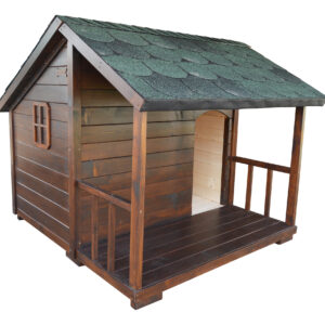 Kvalitná zateplená psia búda CASSIDY s áčkovou strechou, krytou terasou so zábradlím a okienkami. Na fotografii v odtieni orech (nižšie si môžete vybrať iný), zelená krytina (ilustračné - nižšie si môžete priobjednať a vybrať farbu a tvar).