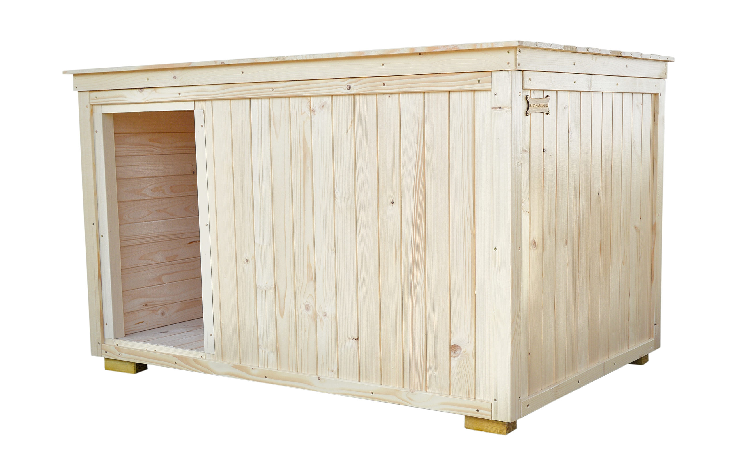 Kvalitná zateplená psia búda SUNNY s vodorovnou strechou. Na fotografii transparentný odtieň (nižšie si môžete vybrať iný), oplechovanie vchodu (ilustračné - nižšie si môžete priobjednať.)