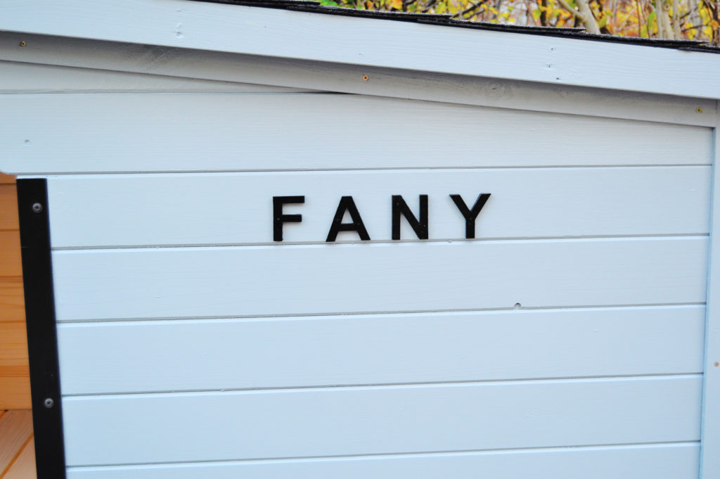 Psia búda MAXIM so šikmou strechou so sklonom do strany, tmavou krytinou, oplechovaním vchodu a menovkou v šedom odtieni RAL 7040 #3