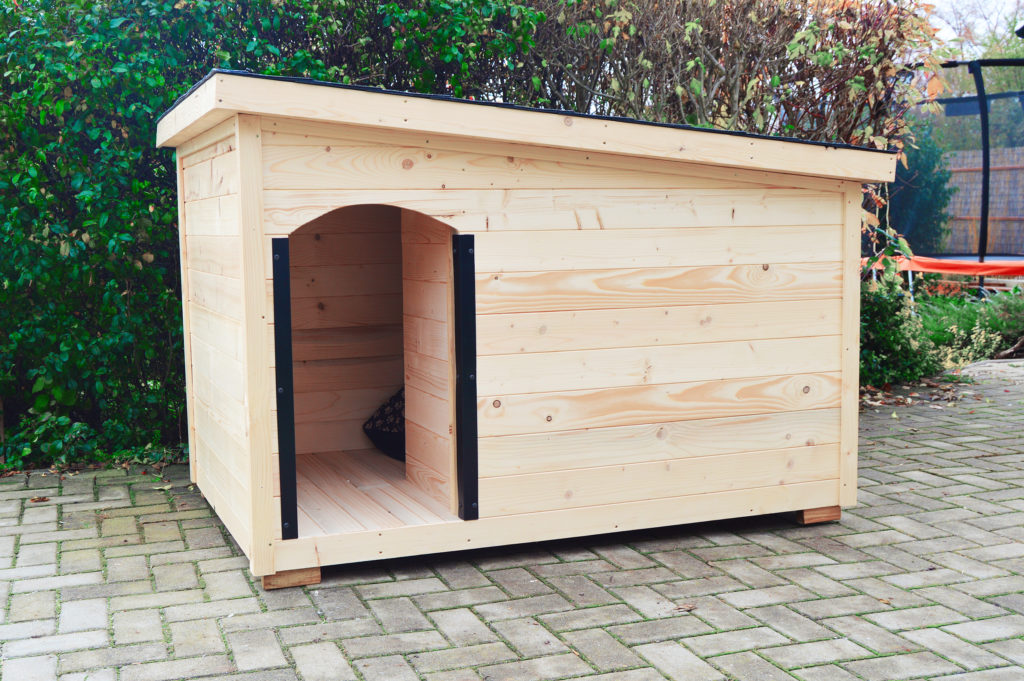 Psia búda MAXIM so šikmou strechou so sklonom do strany, tmavou krytinou a oplechovaním vchodu v transparentnom odtieni #3