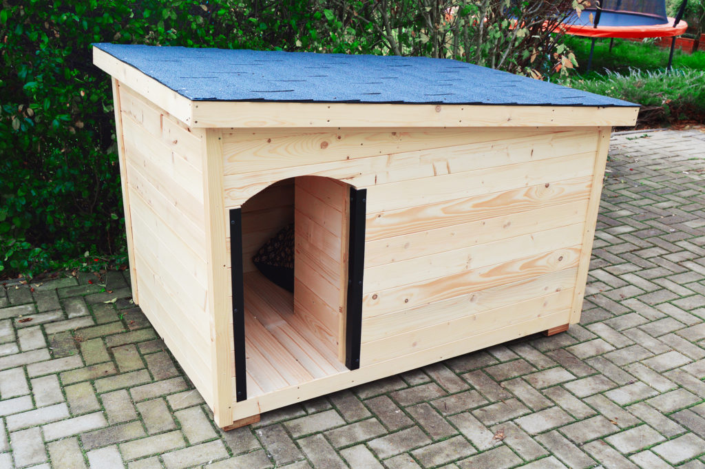 Psia búda MAXIM so šikmou strechou so sklonom do strany, tmavou krytinou a oplechovaním vchodu v transparentnom odtieni #5