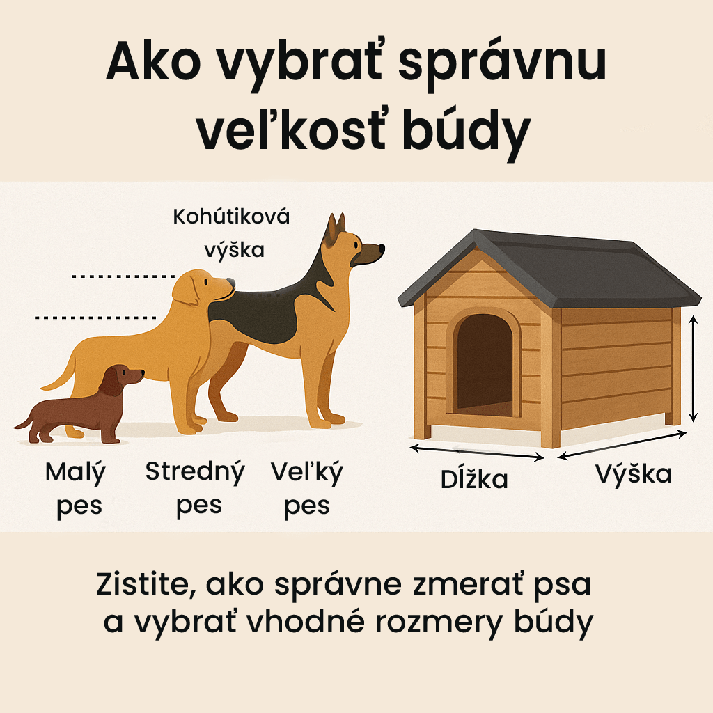 Ilustrácia troch psov rôznych veľkostí a drevenej búdy s vyznačenou kohútikovou výškou a rozmermi búdy – návod, ako vybrať správnu veľkosť búdy pre psa.