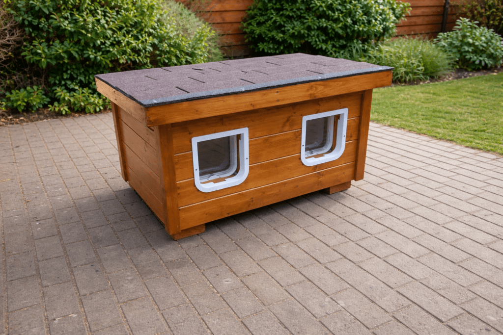 Detail zatepleného mačacieho domčeka s dvomi dvierkami a kvalitným dreveným spracovaním