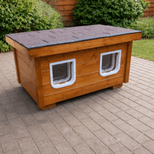 Detail zatepleného mačacieho domčeka s dvomi dvierkami a kvalitným dreveným spracovaním